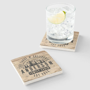 Rustic Family Cabin Mountain Lodge Wood Effect Stone Coaster
