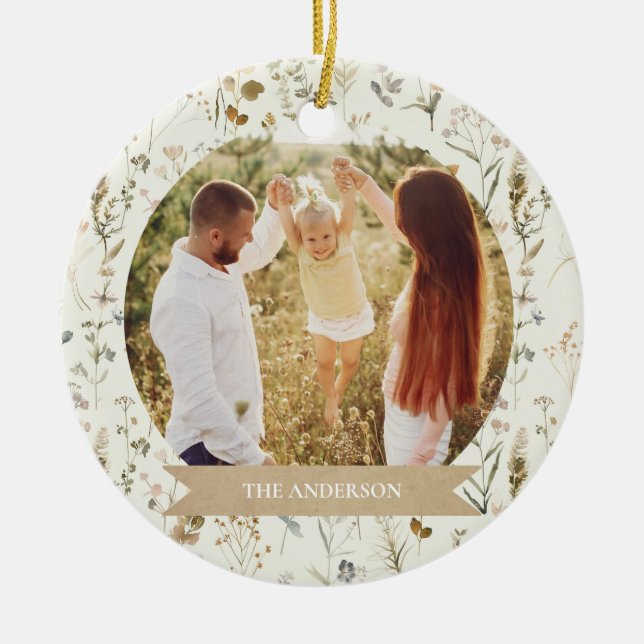 Rustic Family Christmas Photo Collage Ceramic Tree Decoration (Front)