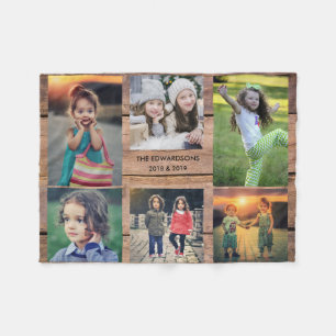 Rustic family collage 6 photos family name wood fleece blanket