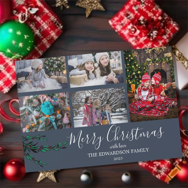 Rustic family collage Christmas blue magnetic card (Create your own unique magnetic Merry Christmas, family photo collage, Christmas card.)