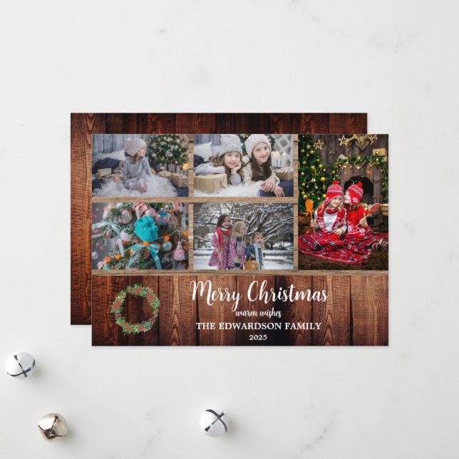 Rustic family collage on barn wood Merry Christmas Holiday Card (Front/Back In Situ)