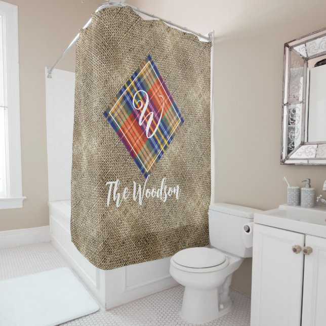 Rustic Family Initial & Name, Monogrammed Burlap Shower Curtain (In Situ)
