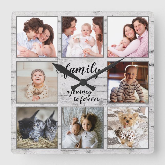 Rustic Family Journey to Forever Photo Collage Square Wall Clock (Front)