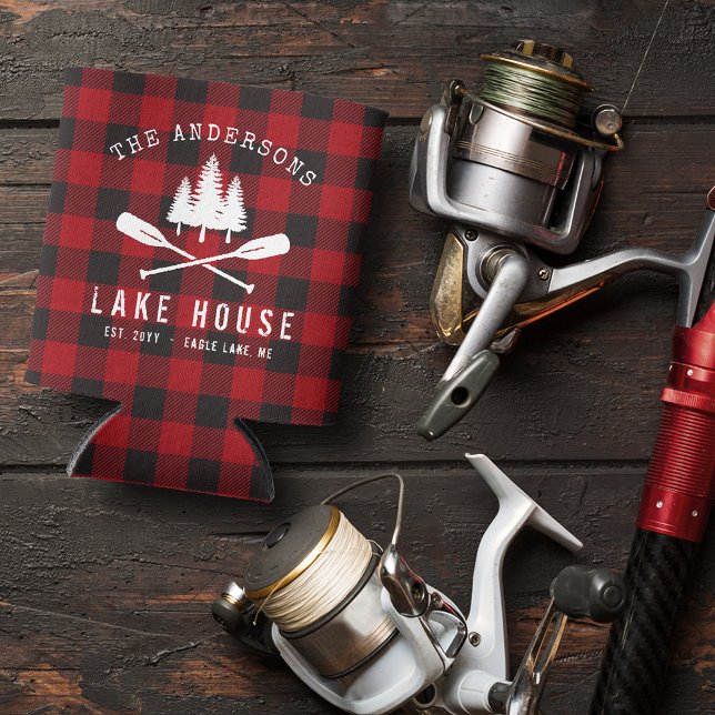 Rustic Family Lake house Trees Red Buffalo Plaid Can Cooler (Creator Uploaded)