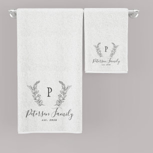 Rustic family monogram and name personalised white bath towel set