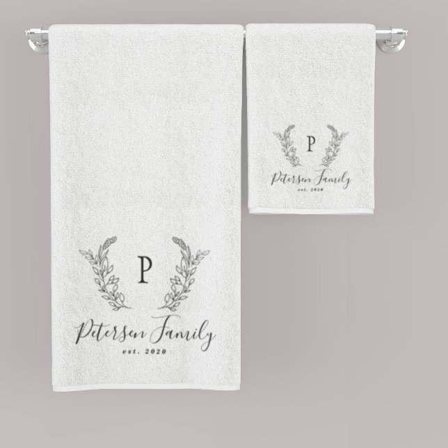 Rustic family monogram and name personalised white bath towel set (Creator Uploaded)