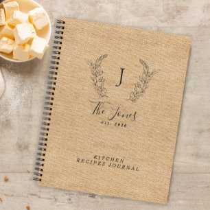 Rustic family monogram cookbook recipes notebook