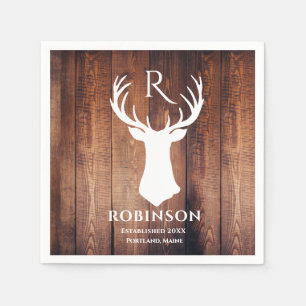Rustic Family Monogram Name Wood Deer Antler Napkin