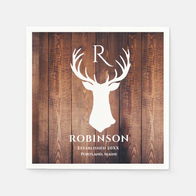 Rustic Family Monogram Name Wood Deer Antler Napkin (Front)
