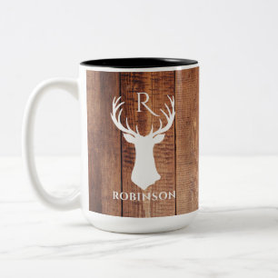 Rustic Family Monogram Wood Style Deer Antler Two-Tone Coffee Mug