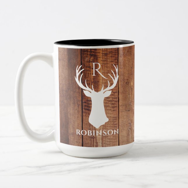 Rustic Family Monogram Wood Style Deer Antler Two-Tone Coffee Mug (Left)