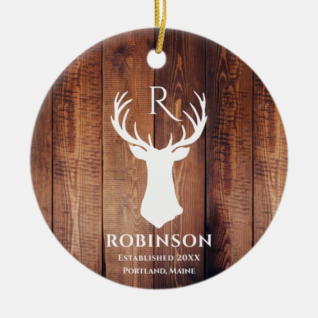 Rustic Family Monogram Wood Styled Deer Antler  Ceramic Tree Decoration (Front)