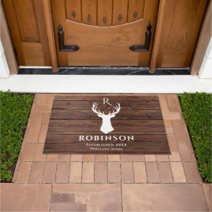 Rustic Family Monogram Wood Styled Deer Antler Doormat