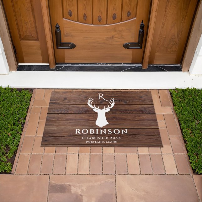 Rustic Family Monogram Wood Styled Deer Antler Doormat (Outdoor)