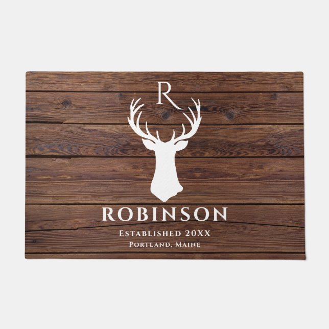 Rustic Family Monogram Wood Styled Deer Antler Doormat (Front)
