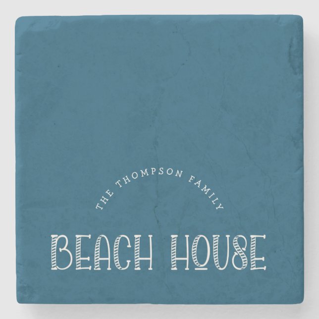 Rustic Family Name Beach House Text Turquoise Stone Coaster (Front)
