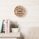 Rustic Family Name Cabin Cottage Lodge Retro Wood Clock<br><div class="desc">Rustic modern wall clock with a trendy forest mountain range design with pine trees,  woods and birds surrounded by your custom family name on printed wood panel background,  a personalizable name of your cottage,  cabin,  lake house or any other,  as well as the year established.</div>