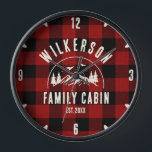 Rustic Family Name Cabin Cottage Retro Red Plaid Clock<br><div class="desc">Rustic modern wall clock with a trendy forest mountain range design with pine trees,  woods and birds surrounded by your custom family name on printed red buffalo plaid background,  a personalizable name of your cottage,  cabin,  lake house or any other,  as well as the year established.</div>