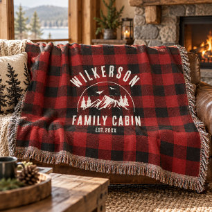 Rustic Family Name Cabin Cottage Retro Red Plaid Throw Blanket