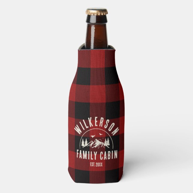 Rustic Family Name Cabin Lake House Red Plaid Bottle Cooler (Bottle Front)