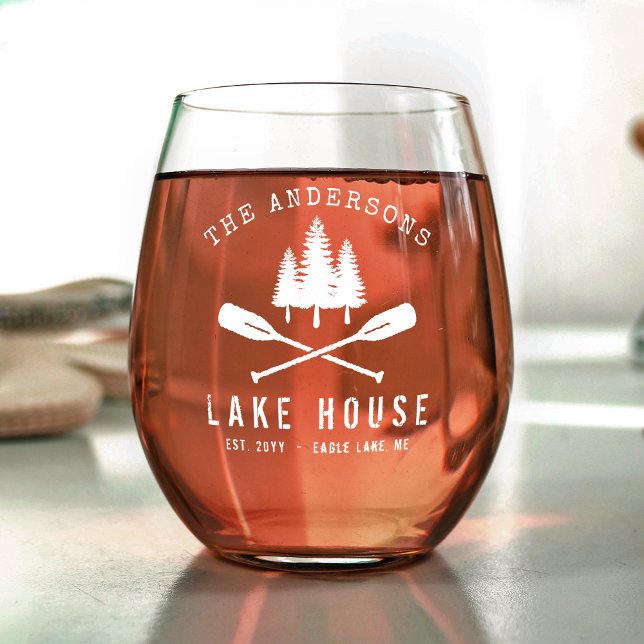 Rustic Family Name Lake House Boat Oars Trees Stemless Wine Glass (Creator Uploaded)
