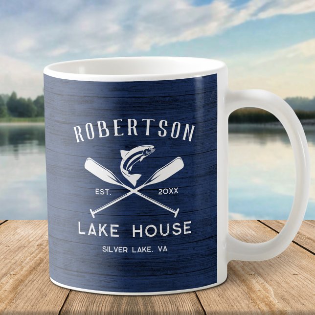 Rustic Family Name Lake House Rustic Blue Wood Coffee Mug (Creator Uploaded)