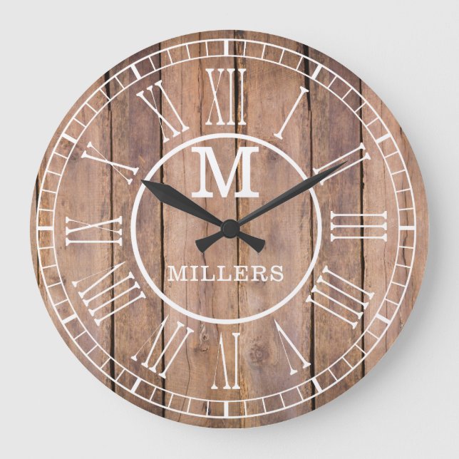 Rustic Family Name Monogram Brown Wood Large Clock (Front)