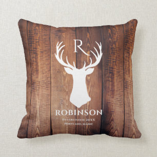 Rustic Family Name Monogram Wood Deer Antler Cushion