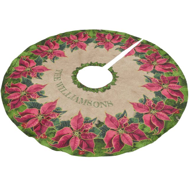 Rustic Family Name Poinsettia Holly Berry Wreath Brushed Polyester Tree Skirt (Angled)