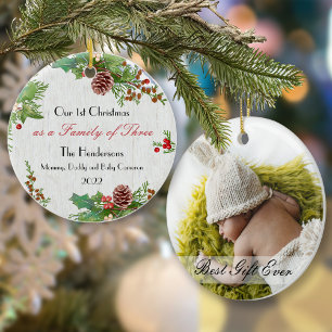 Rustic Family of 3 Newborn 1st Xmas Custom Photo Ornament