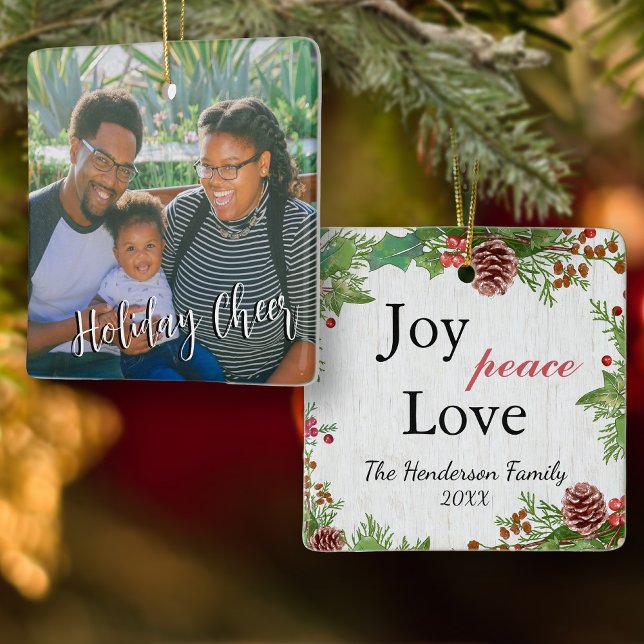 Rustic Family Photo 2-sided Joy Peace Love Xmas  Ceramic Ornament (A timeless keepsake for a season of love.)