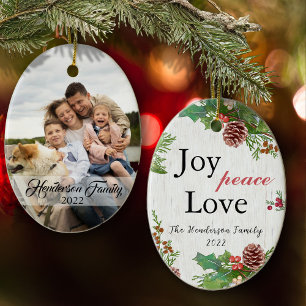 Rustic Family Photo 2-sided Joy Peace Love Xmas Ceramic Tree Decoration