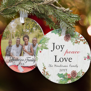 Rustic Family Photo 2-sided Joy Peace Love Xmas Ornament