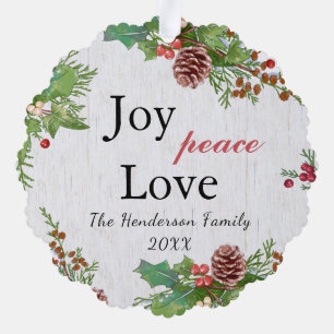 Rustic Family Photo 2-sided Joy Peace Love Xmas Tree Decoration Card