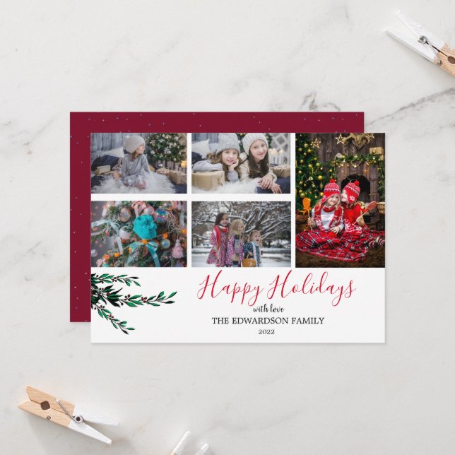 Rustic family photo collage Happy holidays card (Front/Back In Situ)