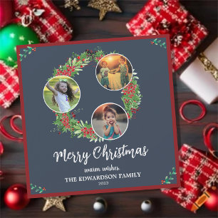 Rustic family photo collage Merry Holiday card