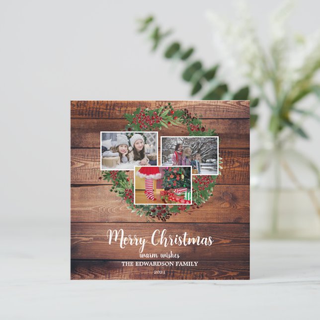 Rustic family photo collage Merry Holiday card (Standing Front)