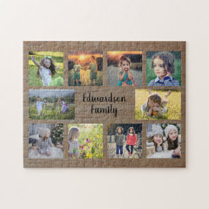 Rustic family photo collage monogram name jigsaw puzzle
