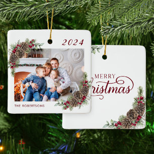 Rustic Family Photo Merry Christmas Ceramic Ornament