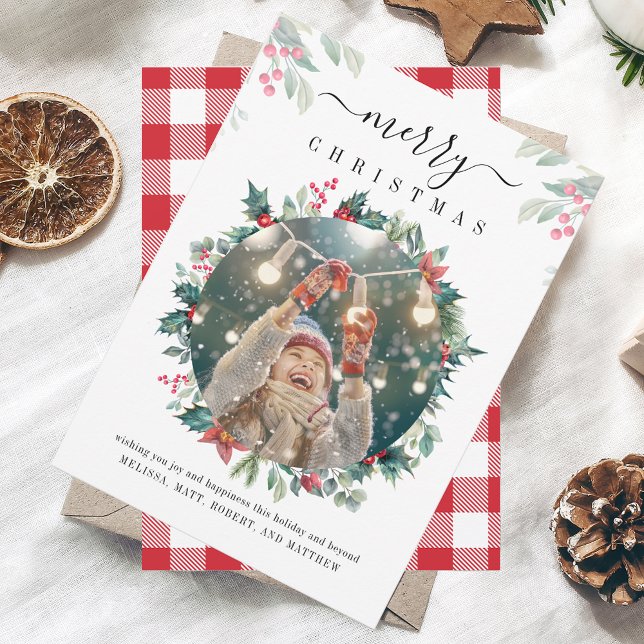 Rustic Family Photo Red Berries Christmas Card (Red Gingham Christmas Red Berries Photo Greeting Card)