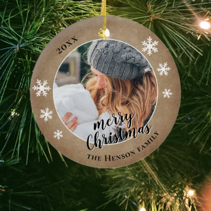 Rustic Family Photo Snowflake Merry Christmas Ceramic Tree Decoration