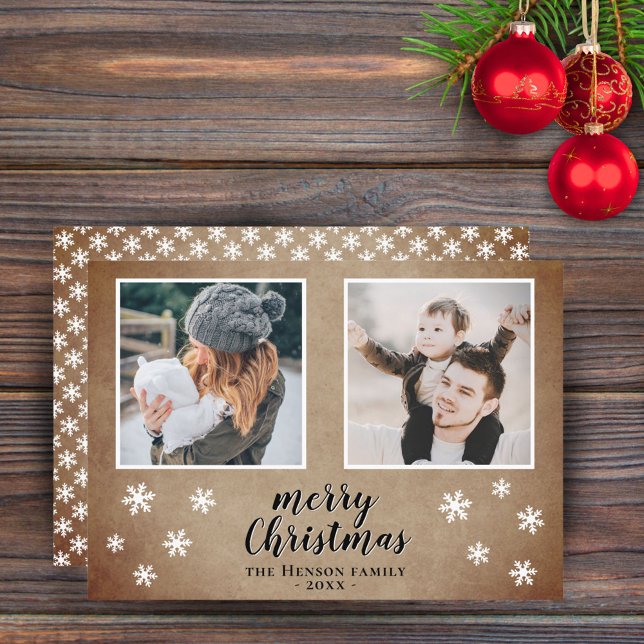 Rustic Family Photo Snowflake Merry Christmas  Holiday Card (Creator Uploaded)