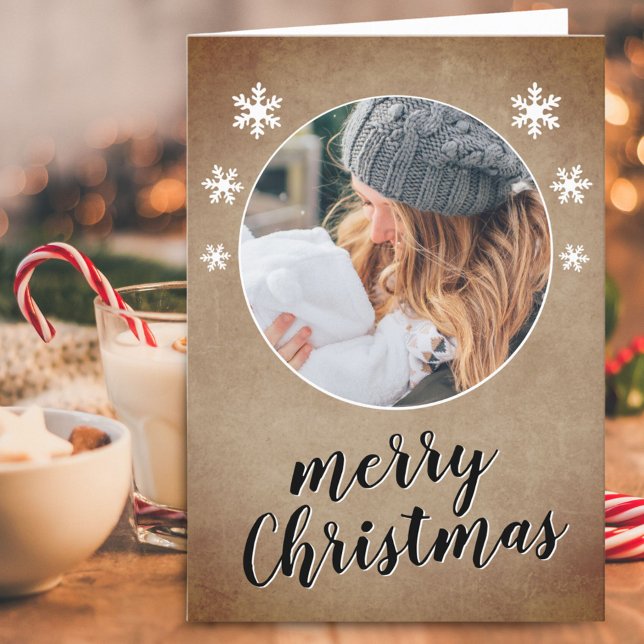 Rustic Family Photo Snowflake Merry Christmas  Holiday Card (Creator Uploaded)
