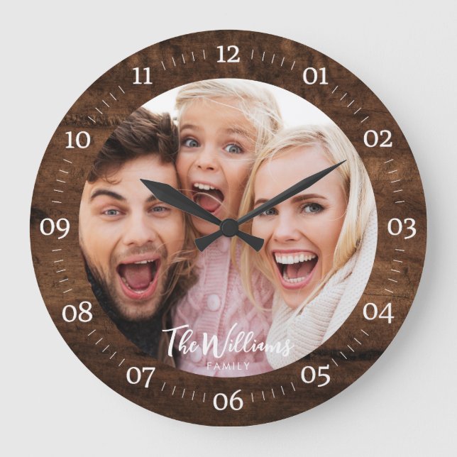 Rustic Family Photo with Modern Script Large Clock (Front)