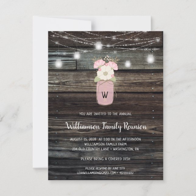 Rustic Family Reunion Mason Jar Lights Boho Floral Invitation (Front)