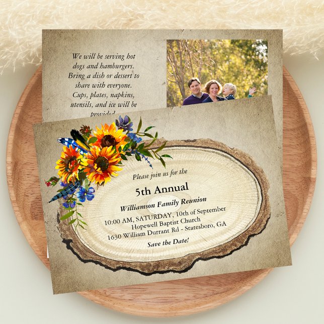 Rustic Family Reunion Photo Sunflower Tree Slice Invitation (Creator Uploaded)