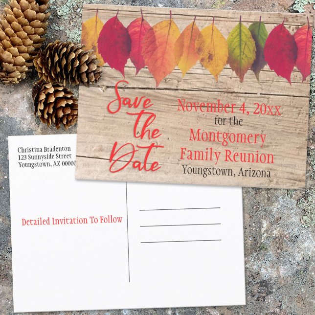 Rustic Family Reunion Save The Date Autumn Leaves Announcement Postcard (Creator Uploaded)