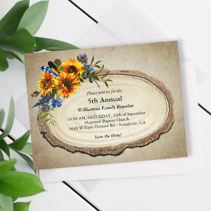 Rustic Family Reunion Sunflower Tree Slice Invitation Postcard
