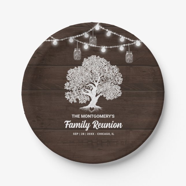 Rustic Family Tree String Lights Barbecue Reunion  Paper Plate (Front)