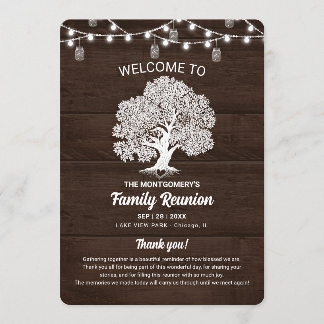 Rustic Family Tree String Lights Reunion Program Invitation (Front)